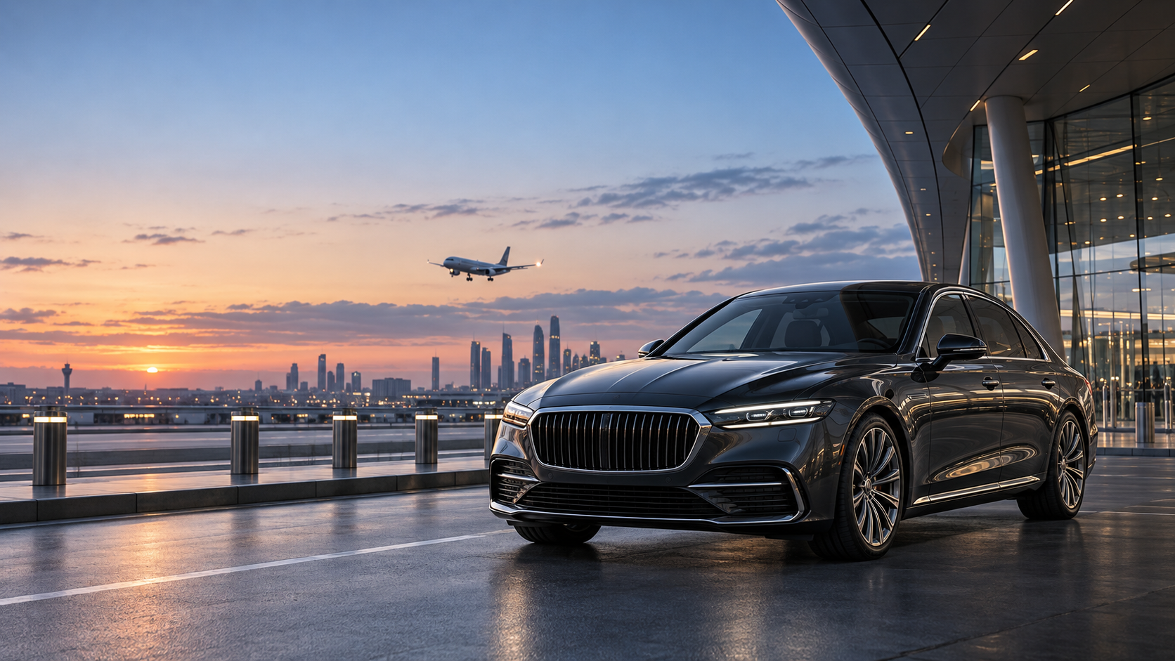 Premium car outside an airport at sunset